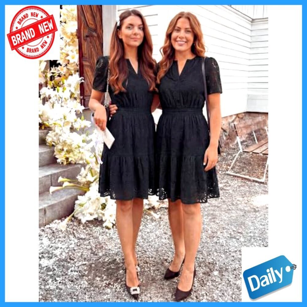 Lace Eyelet Mini Dress with Puff Sleeves and Side Pockets - Picture 6 of 7